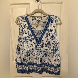 Blue Rain Floral Blue and White Sleeveless Top